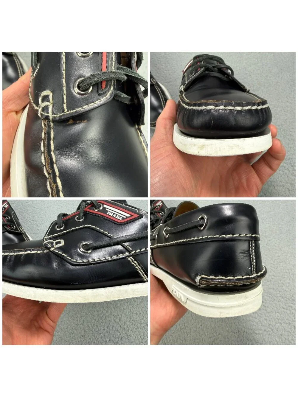 Prada Boat Shoes Men 11 / UK 10 Black Brushed Spazzolato Leather Lace Up Loafers